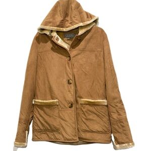 Novelti Tan Suede Fur Lined Hooded 4 Button Down Closure Jacket Coat Size S NWT